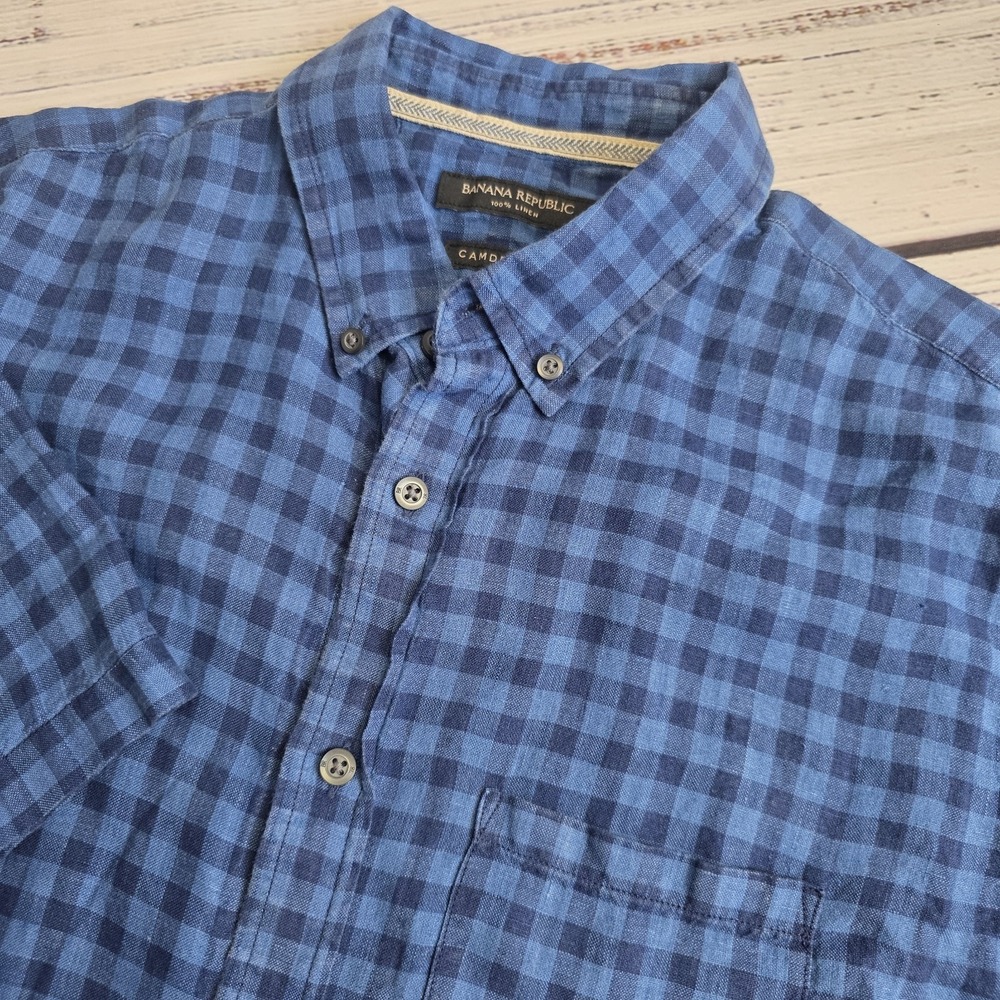Banana Republic Shirt Men Medium Blue Check Linen Camden Fit Short Sleeve Button